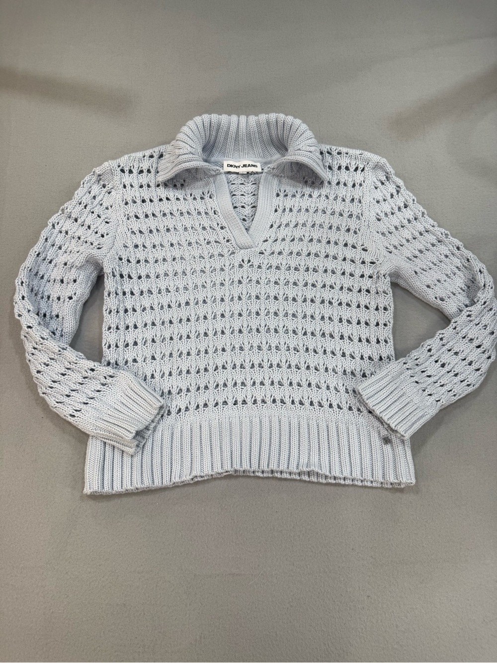 Dkny Light Blue Open-Knit Collared Sweater M